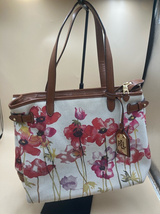 Ralph Lauren Handbags - Ralph Lauren Canvas Floral Tote in Brown, Pink & Red
